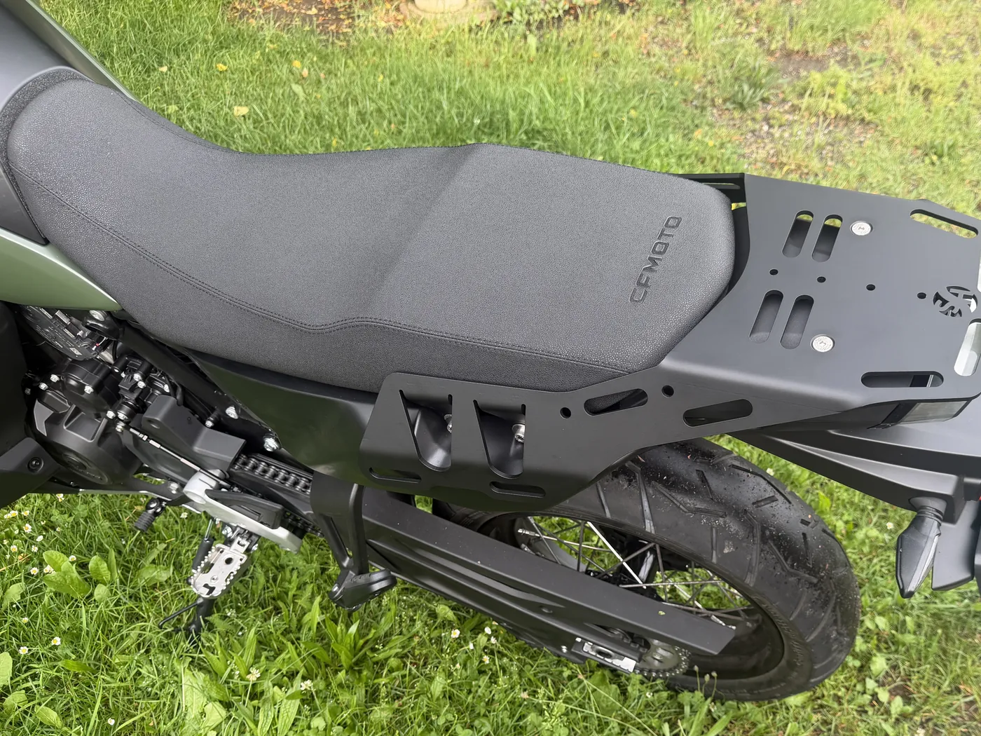 Rack in black powder coat mounted on the CFMOTO 1000MT-X — second production batch